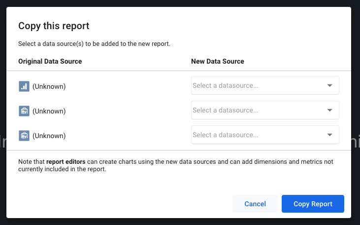 copy google data studio reports new data source selector